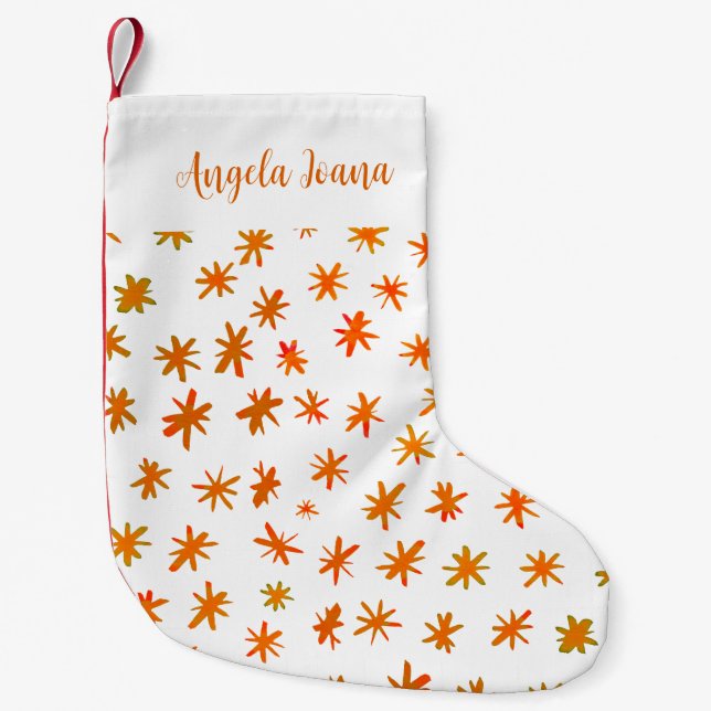 Meia De Natal Pequena Estrelas aquarelas com nome - laranja (Frente)