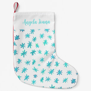Meia De Natal Pequena Estrelas aquarelas com nome - turquesa