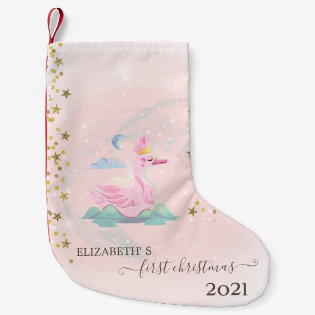 Meia De Natal Pequena Estrelas de Swan no Primeiro Natal (Frente)