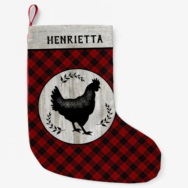 Meia De Natal Pequena Fábrica Rústica Galinha Hen Xadrez Buffalo (Frente)