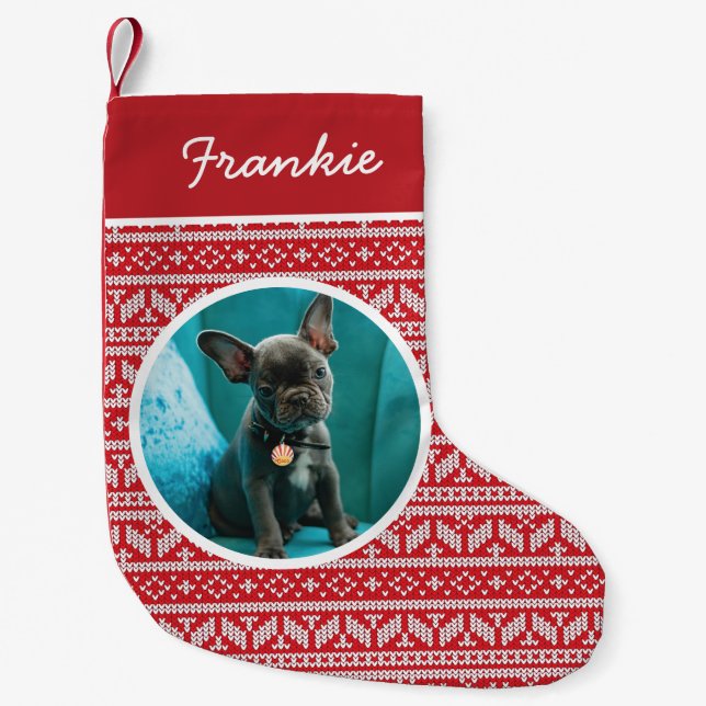 Meia De Natal Pequena Fair Isle Red Christmas Pet Photo (Frente)