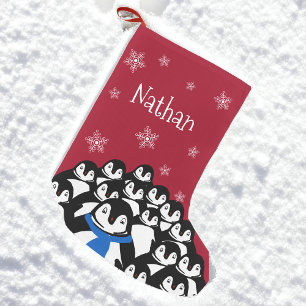 Meia De Natal Pequena Família de Pinguins Personalizada