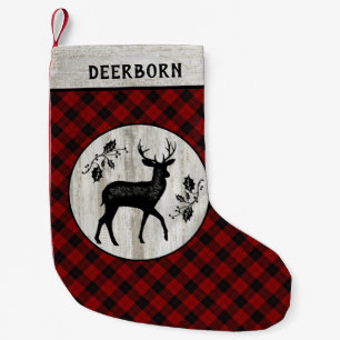 Meia De Natal Pequena Farmhouse Russo Deer Red Buffalo Nome da Xadrez
