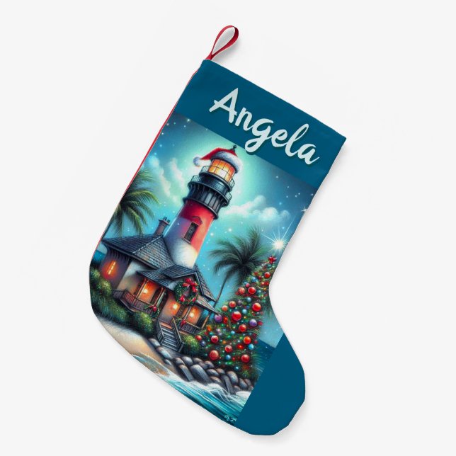 Meia De Natal Pequena Farol Tropical de Natal Whimsical Vermelho Teal (Frente (Pendurada))