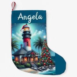 Meia De Natal Pequena Farol Tropical de Natal Whimsical Vermelho Teal