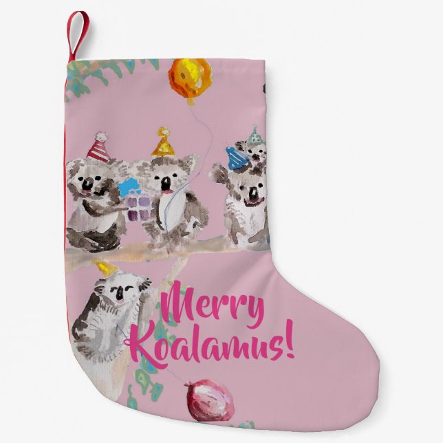 Meia De Natal Pequena Feliz de Koalamus cor-de-rosa (Frente)