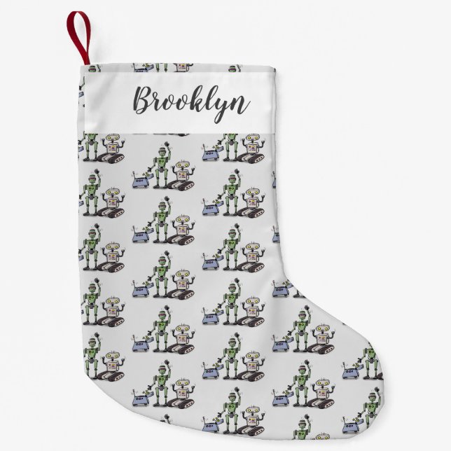 Meia De Natal Pequena Feliz desenho animado de robôs fofos (Frente)