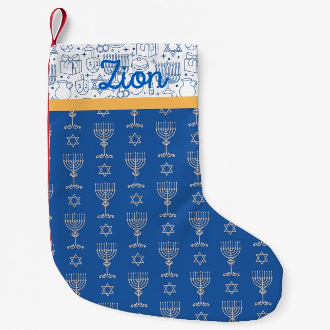 Meia De Natal Pequena Feliz Hanukkah: Judaica Blue Candles Dreidel (Frente)