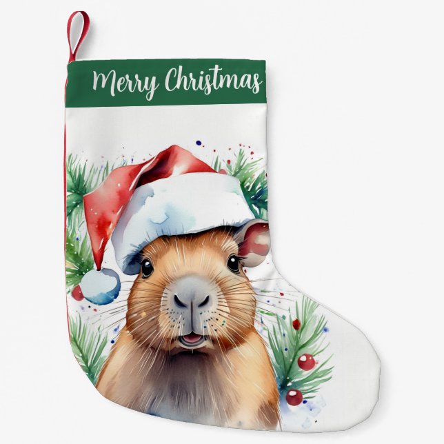 Meia De Natal Pequena Feliz Natal Chapéu Festivo Capybara - (Frente)