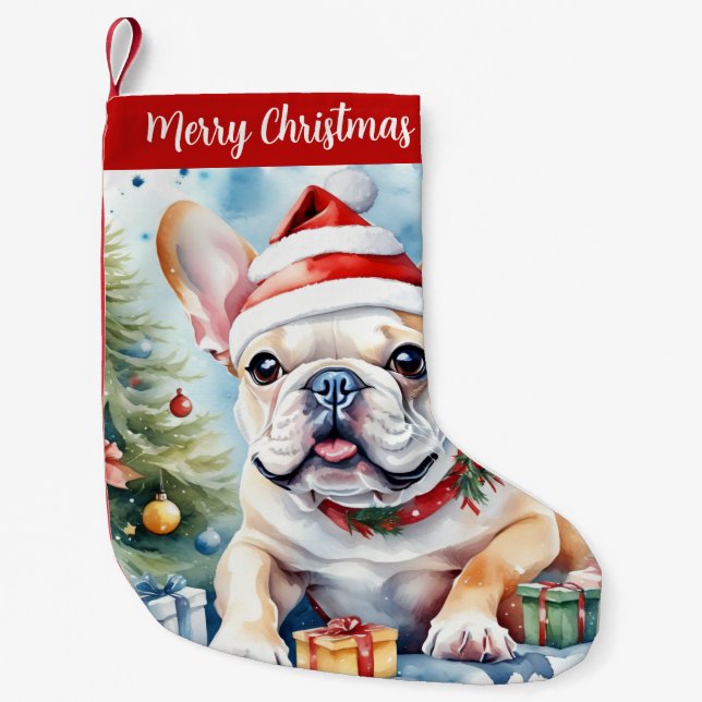 Meia De Natal Pequena Feliz Natal Chapéu Festivo Francês Bulldog - (Frente)