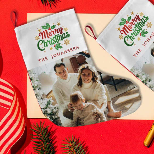 Meia De Natal Pequena Feliz Natal Foto da Família Simples Clássica Moder (Criador carregado)