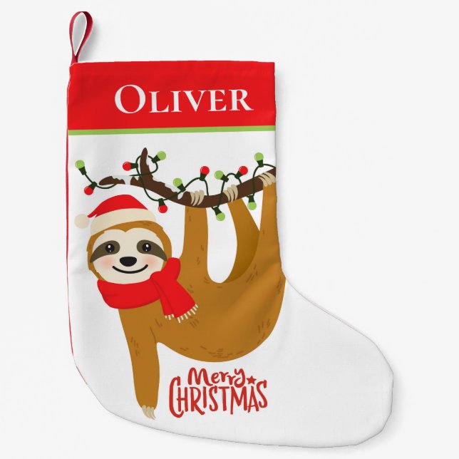 Meia De Natal Pequena Feliz Natal Sloth | Feriados Personalizados (Frente)