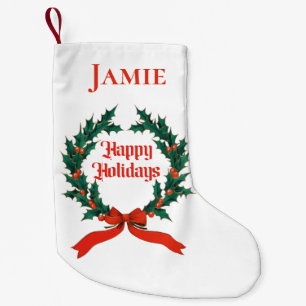 Meia De Natal Pequena Feliz Natal Vintage Holly Wreath