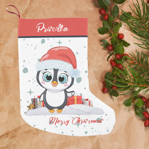 Meia De Natal Pequena Feliz Pinguim Feliz de Natal Com Neve