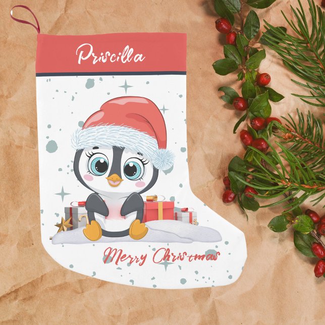 Meia De Natal Pequena Feliz Pinguim Feliz de Natal Com Neve (Criador carregado)