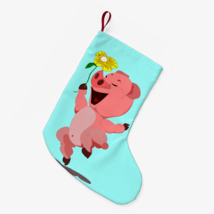 Meia De Natal Pequena Feliz Porco com Flor Engraçado, Natal