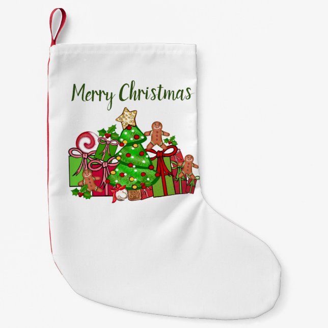Meia De Natal Pequena Feliz Presente De Natal Em Torno Da Árvore (Frente)