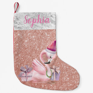 Meia De Natal Pequena Feriado Flamingo Personalizado com Glitter Dourado