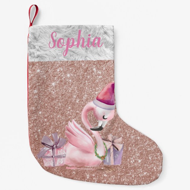 Meia De Natal Pequena Feriado Flamingo Personalizado com Glitter Dourado (Frente)