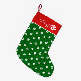 Meia De Natal Pequena Festive Dog Paw Print  Custom Name