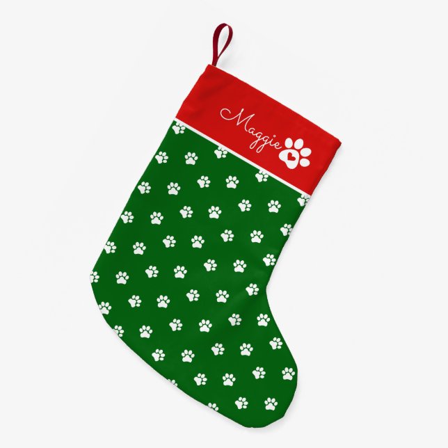 Meia De Natal Pequena Festive Dog Paw Print  Custom Name (Frente (Pendurada))