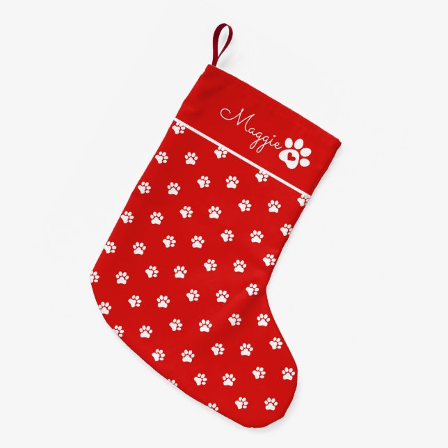 Meia De Natal Pequena Festive Dog Paw Print  Custom Name (Frente (Pendurada))