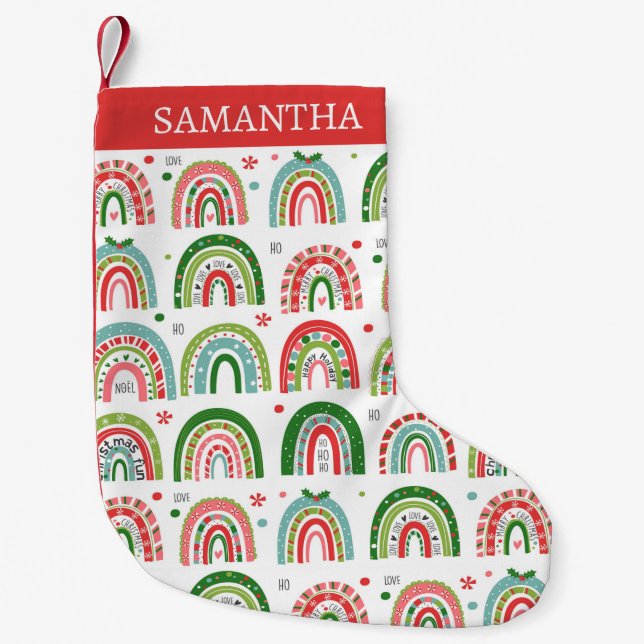 Meia De Natal Pequena Festive Modern Rainbow Pattern Personalised (Frente)