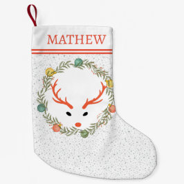 Meia De Natal Pequena Festivo Wreath & Reindeer Com Feriado Monograma