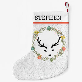 Meia De Natal Pequena Festivo Wreath & Reindeer Com Feriado Monograma