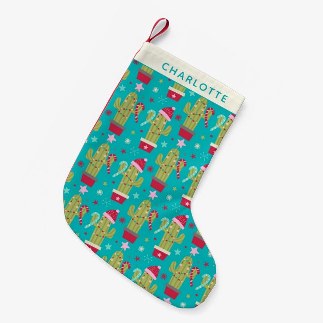 Meia De Natal Pequena Fixe Natal Kawaii Cactus Blue Personalizado (Frente (Pendurada))