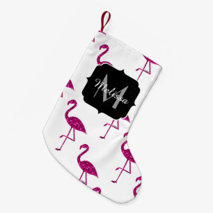 Meia De Natal Pequena Flamingo brilhante Rosa brilho brilha Monograma