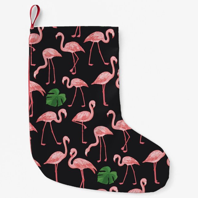 Meia De Natal Pequena flamingo com folhas de palma de monstera.  (Frente)