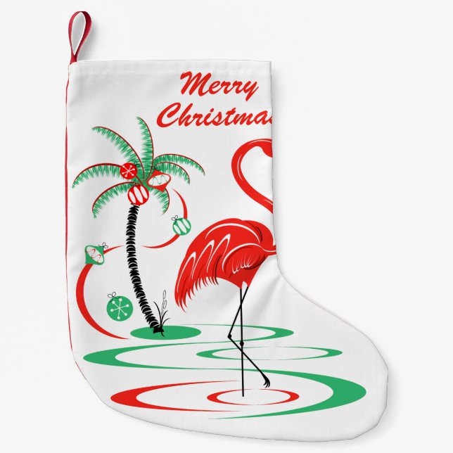 Meia De Natal Pequena Flamingo de Natal Vermelho com um lado (Frente)