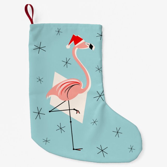 Meia De Natal Pequena Flamingo Papais noeis estocagem azul (Frente)