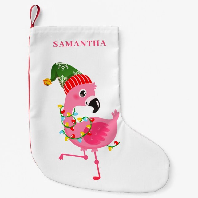 Meia De Natal Pequena Flamingo Rosa Personalizado (Frente)