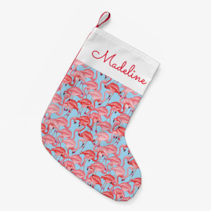 Meia De Natal Pequena Flamingos cor-de-rosa brilhante em azul Adicione