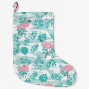 Meia De Natal Pequena flamingos cor-de-rosa, palmeiras verdes, tropicais