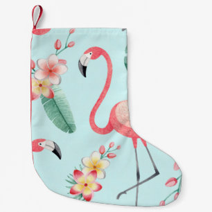 Meia De Natal Pequena Flamingos Flores Tropicais Padrão de Aquarela