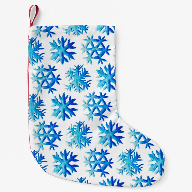 Meia De Natal Pequena Floco de neve azul Aquarela Arte de inverno (Frente)