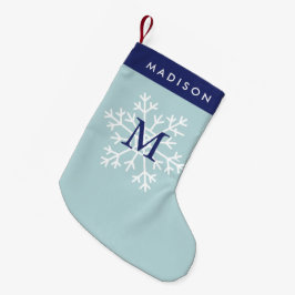 Meia De Natal Pequena Floco de neve azul monograma