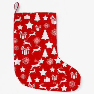 Meia De Natal Pequena Floco de neve branco de Natal em bakcgrou vermelho