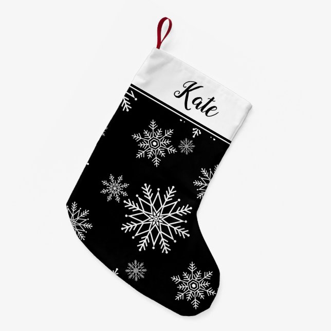 Meia De Natal Pequena Floco de neve preto e branco (Frente (Pendurada))