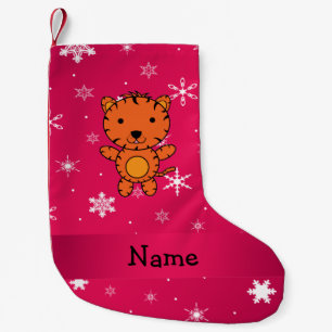 Meia De Natal Pequena Flocos de neve cor-de-rosa com tigre de nome perso