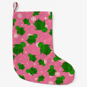Meia De Natal Pequena Flocos de neve cor-de-rosa, de tartaruga verde-bra