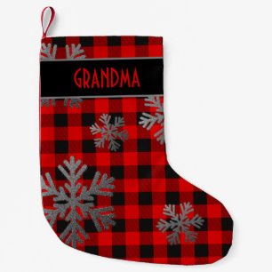 Meia De Natal Pequena Flocos de neve de Xadrez de Buffalo Vermelho