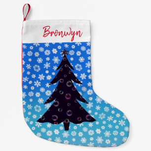 Meia De Natal Pequena Flocos de neve em azul-ombre com árvore divertida