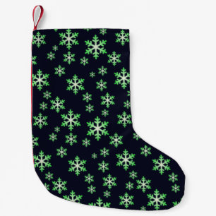 Meia De Natal Pequena Flocos de neve verdes e brancos com fundo azul