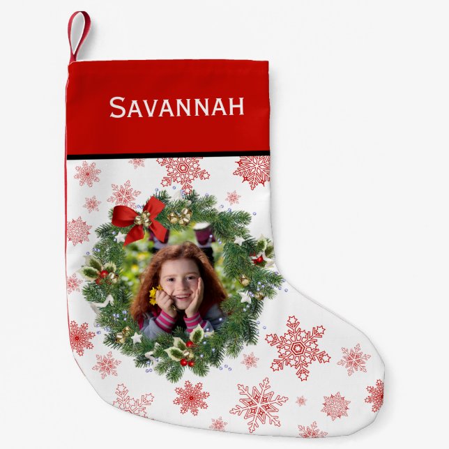 Meia De Natal Pequena Flocos de neve vermelhos de flocos de festas de fe (Frente)
