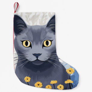 Meia De Natal Pequena Flores Amarelas do Gato Azul Russo