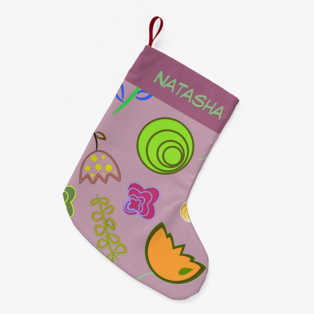 Meia De Natal Pequena Flores bonitas em roxo (Frente (Pendurada))